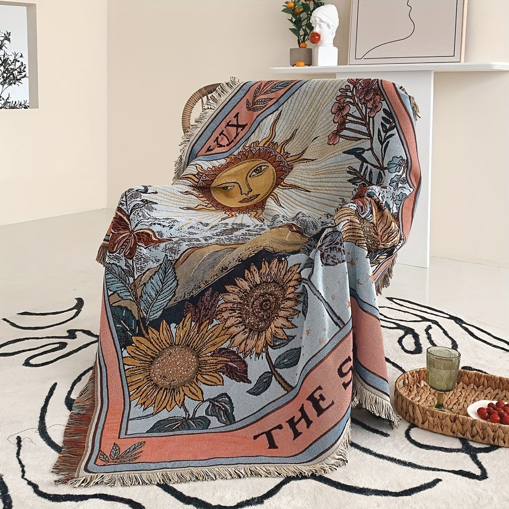 Bohemian Sun Tarot Card Design Throw Blanket - Soft, Lightweight, Washable Knit with Tassels, Perfect for Bed, Sofa, Yoga, Camping & Picnics, Indoor & Outdoor Use, Picnic Blanket | Bohemian Style | Fringed Detailing, Bohemian