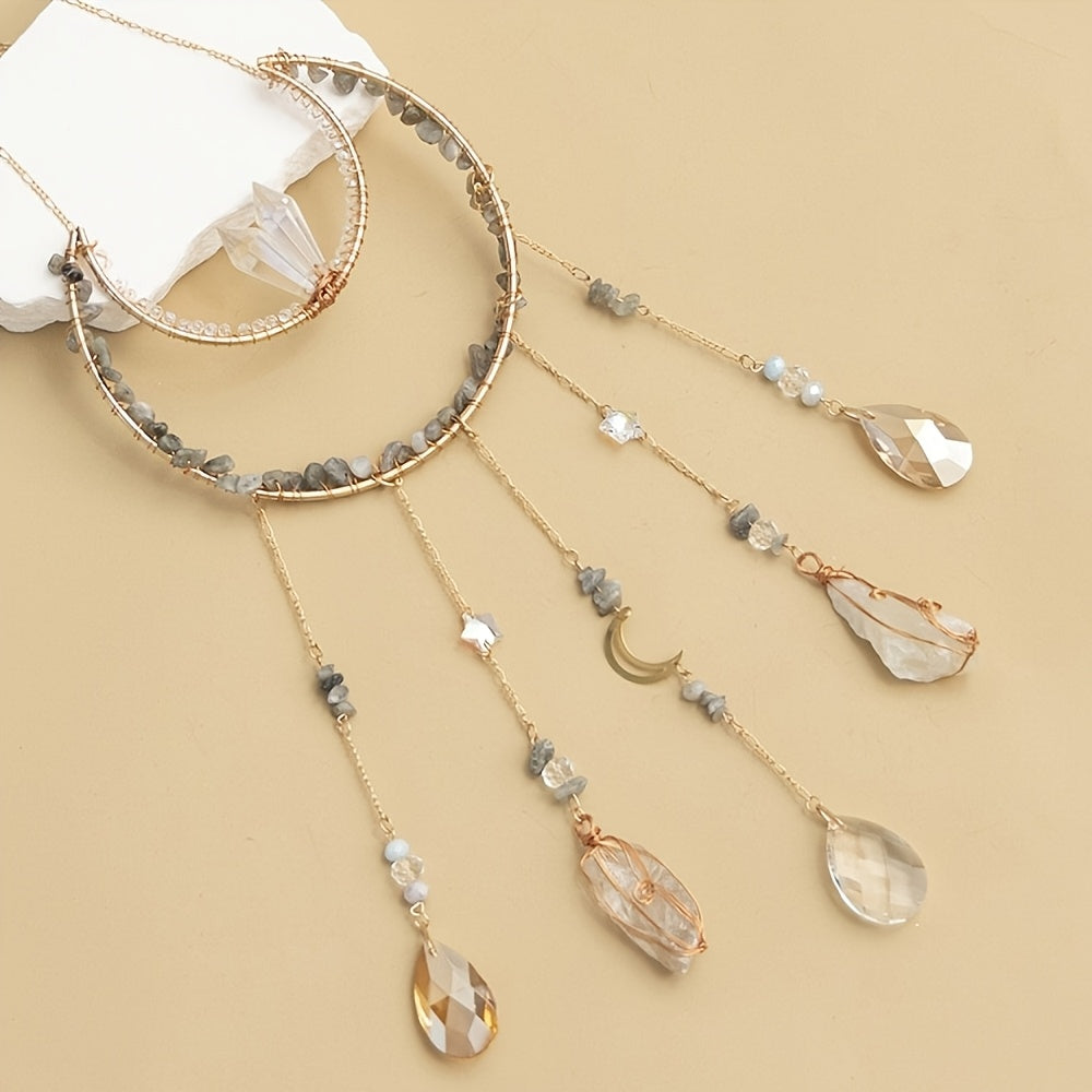 Bohemian Crystal Dream Catcher Sun Catcher Wall Hanging - Handmade Natural Crystal & Gemstone Wind Chimes with Rainbow Maker, Crescent Moon & Teardrop Pendants for Indoor/Outdoor Window Garden Decor, Christmas Wedding Birthda