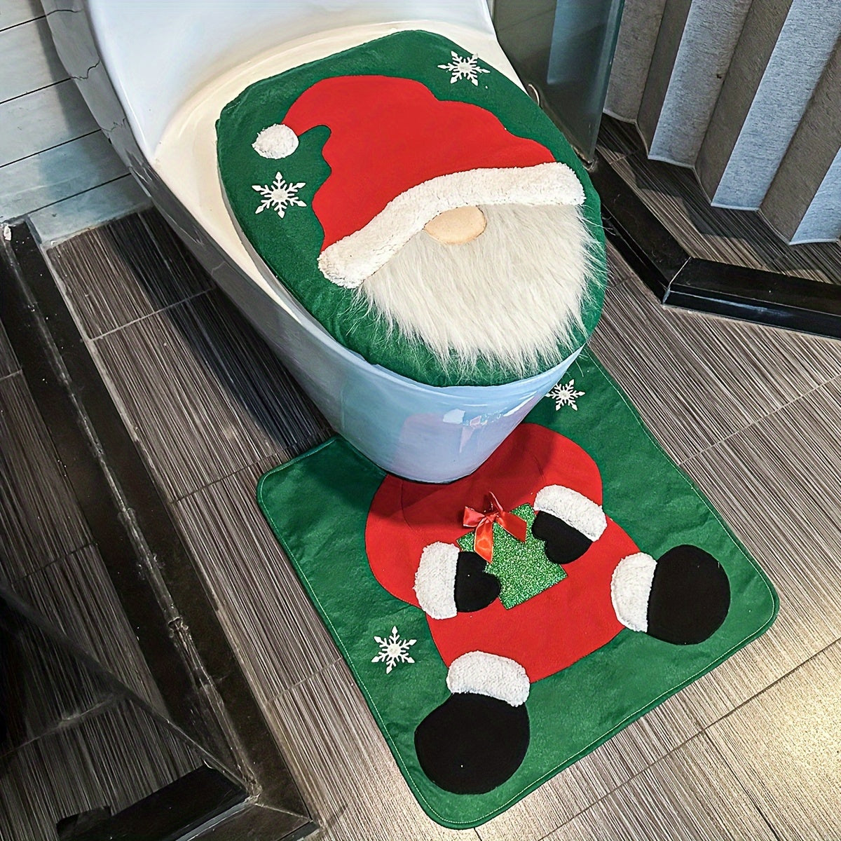 Festive Santa and Snowman Toilet Seat Cover and Rug Set - Seasonal Bathroom Decor - Christmas Gift Idea - Suitable for Holiday Home Accessories