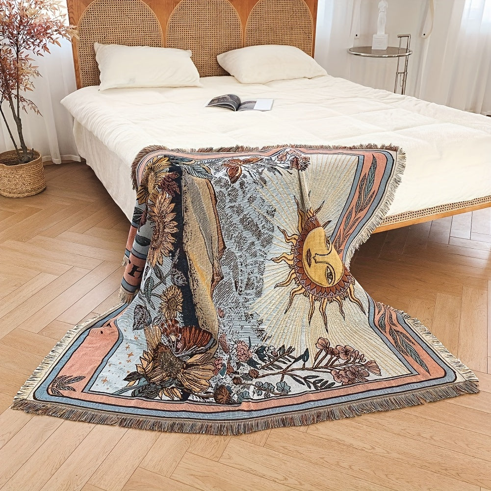 Bohemian Sun Tarot Card Design Throw Blanket - Soft, Lightweight, Washable Knit with Tassels, Perfect for Bed, Sofa, Yoga, Camping & Picnics, Indoor & Outdoor Use, Picnic Blanket | Bohemian Style | Fringed Detailing, Bohemian