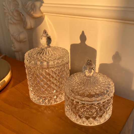 1pc Elegant Crystal Glass Jar with Lid, Transparent Swab Storage Box, Jewelry Organizer, Decorative Crystal Craft, Multi-Purpose Glass Container for Home Decor, Room Decor