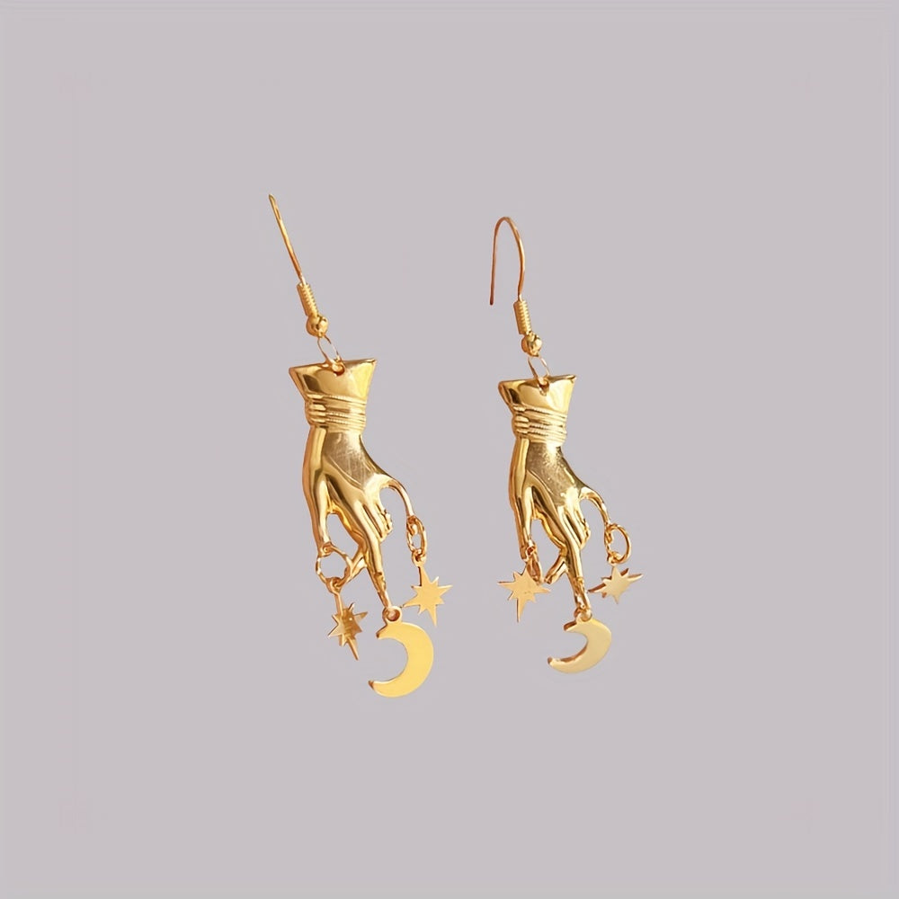 Bohemian Style Finger-Shaped Moon and Stars Pendant Earrings, Gothic Fashion Simple Party Gift, Iron Material with Iron Ear Needle, Non-Magnetic