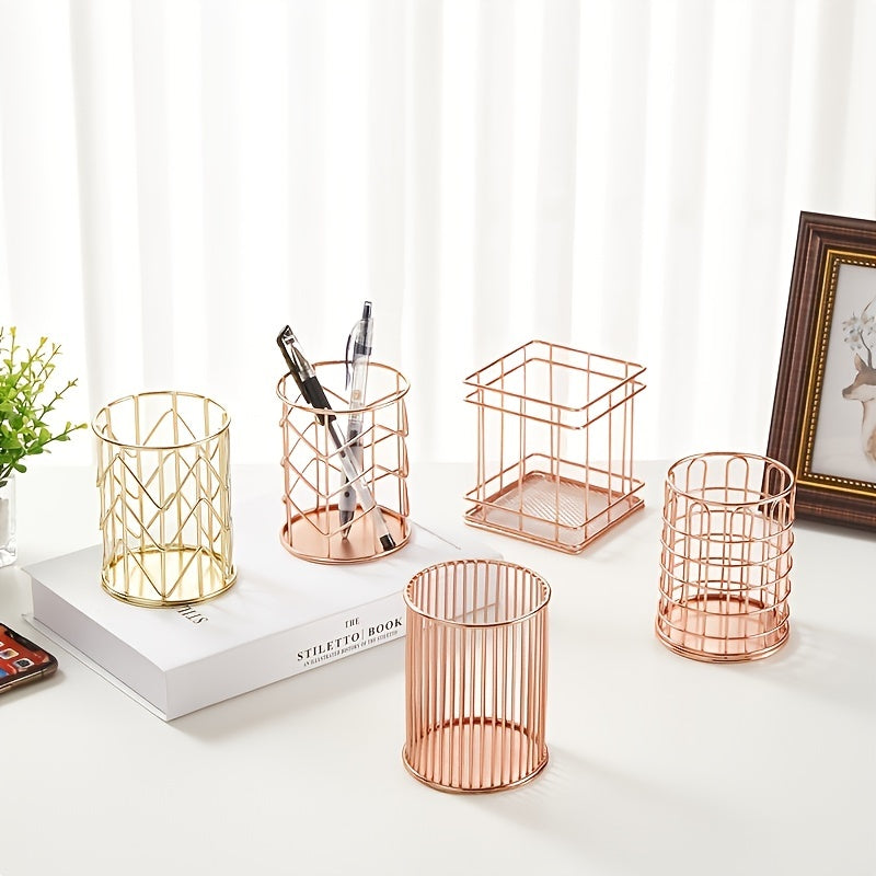 Upgrade Your Desk with This Stylish Golden Metal Pen Holder - Perfect for Home & Office Organization!