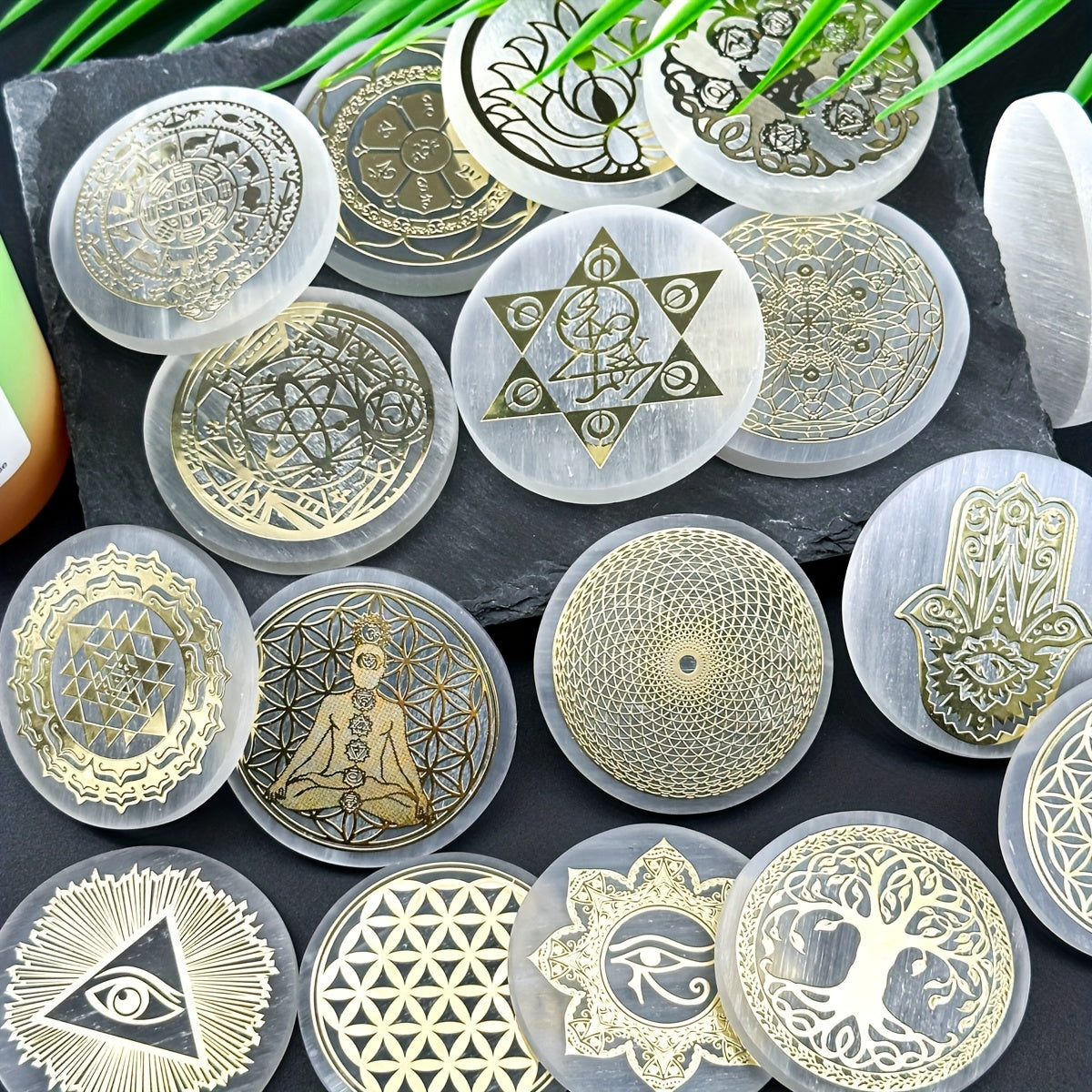 1pc Natural Selenite Slice, Irregular Crystal Stone Mixed Style Boho Star Moon Tree Flower Golden Tray Jewelry Accessories Art Craft Desktop Ornaments
