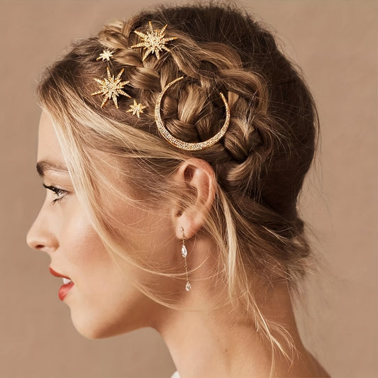 Vintage Hair Clips With 3 Pieces Of Water Drill Star And Moon Decorations, Featuring Crystal Embellishments. These Hair Clips Come In Silvery And Golden Colors, Perfect For Women And Girls.