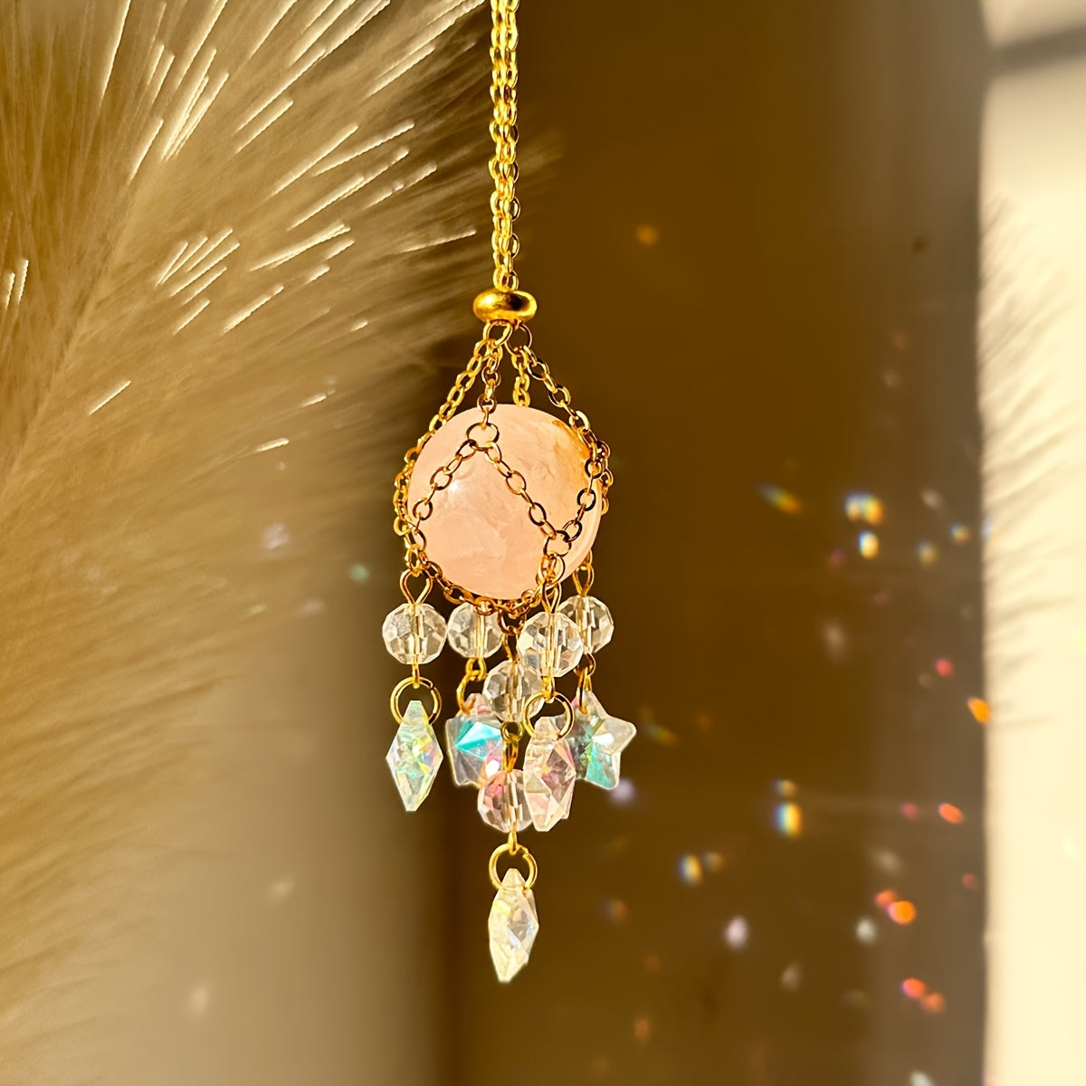 Golden Crystal Sun Catcher with Pink Bead & Faceted Pendant - Elegant Window, Garden, Home, or Car Hanging Decor for Weddings, Valentine's, Thanksgiving, Mother's Day Gifts
