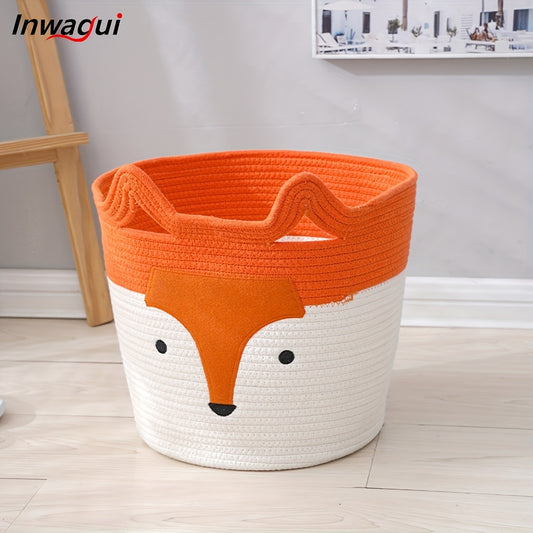 Rope Basket, Large Woven Storage Basket, Baby Toy Basket, Nursery Blanket Laundry Hamper with Handles for Kids, Clothes, Home Decor, Cute Fox 35X30X28Cm/13.78X11.81X11.02Inch, Orange, Laundry Baskets