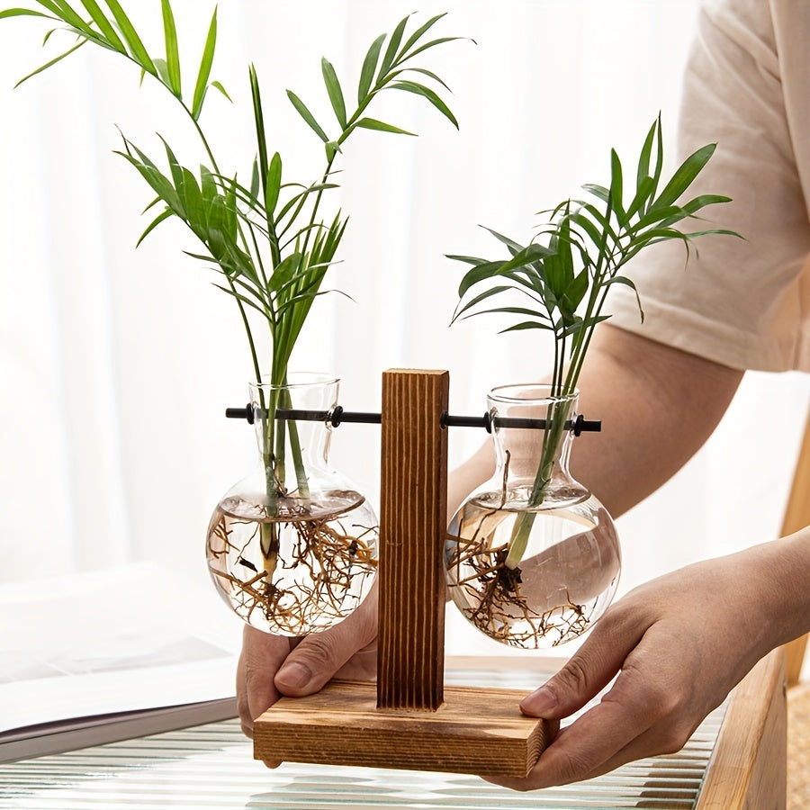 1/2pcs Hydroponic Glass Vintage Desktop Plant Terrarium Planter with Retro Wooden Stand for Water Planting Propagation and Home Garden