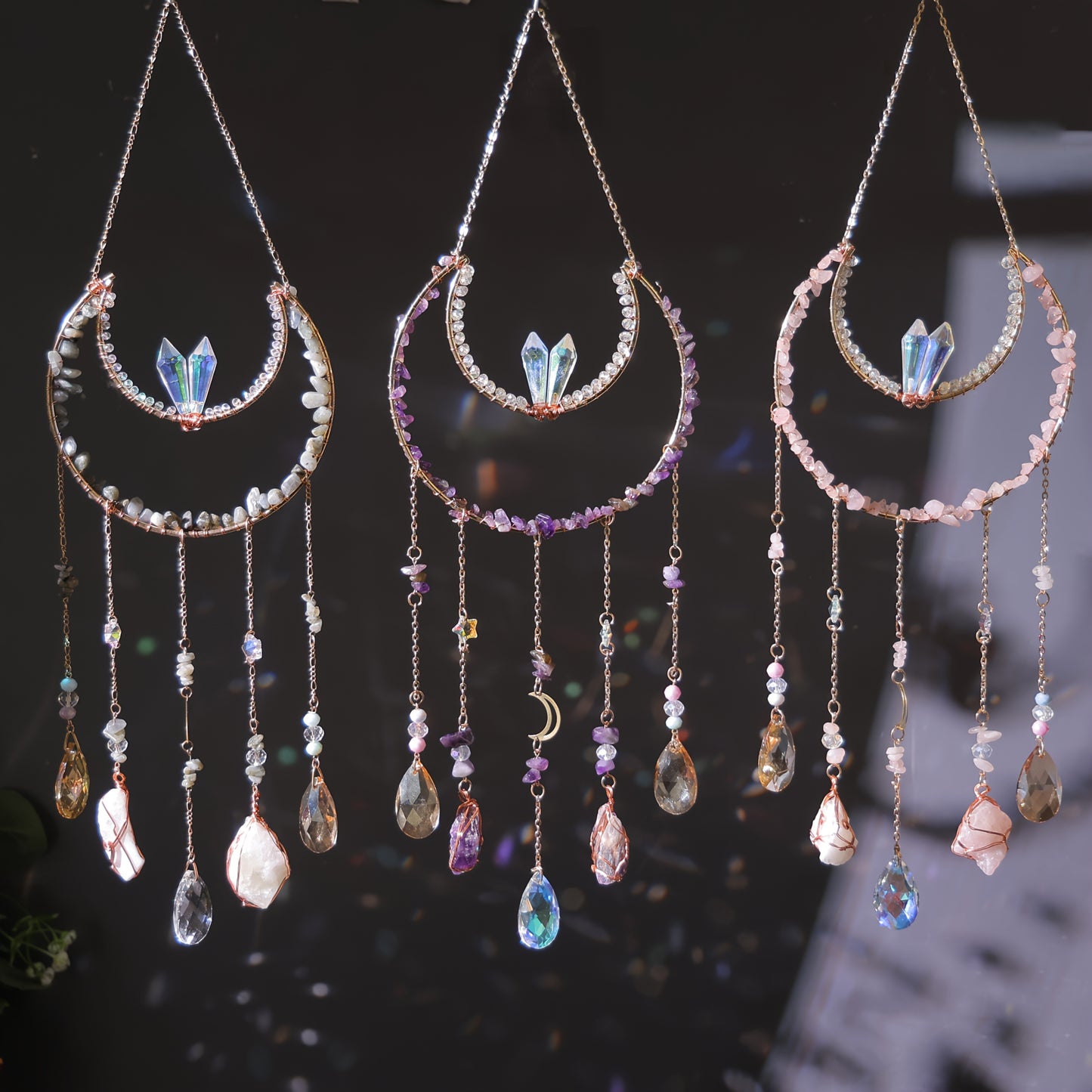Bohemian Crystal Dream Catcher Sun Catcher Wall Hanging - Handmade Natural Crystal & Gemstone Wind Chimes with Rainbow Maker, Crescent Moon & Teardrop Pendants for Indoor/Outdoor Window Garden Decor, Christmas Wedding Birthda