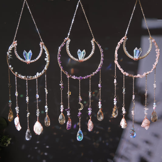 Bohemian Crystal Dream Catcher Sun Catcher Wall Hanging - Handmade Natural Crystal & Gemstone Wind Chimes with Rainbow Maker, Crescent Moon & Teardrop Pendants for Indoor/Outdoor Window Garden Decor, Christmas Wedding Birthda