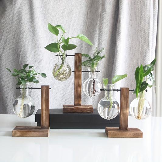 1/2pcs Hydroponic Glass Vintage Desktop Plant Terrarium Planter with Retro Wooden Stand for Water Planting Propagation and Home Garden