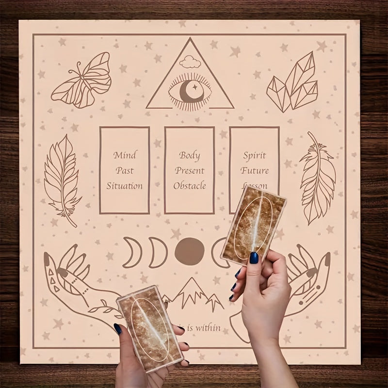 Mystical Pink Butterfly & Moon Phase Tarot Card Reading Cloth – 1pc Handmade Woven Polyester Altar Tablecloth for Divination & Room Decor, Rectangular Shape, 100% Polyester Material