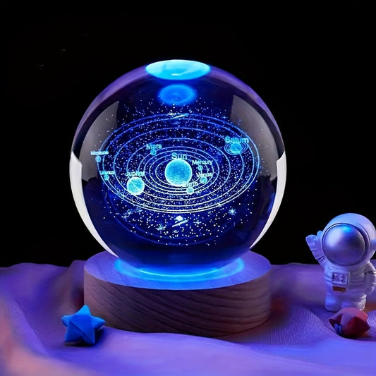 Solar System 3D Laser-Engraved Crystal Ball Night Light with Color Changing LED, USB Powered Desk Lamp for Bedroom & Living Room Decor