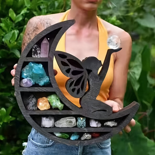 Nature-Inspired, Gothic Moon Fairy Wooden Shelf - Volcanic Stone & Perfume Display with Crystal Holder, Romantic Home Decor