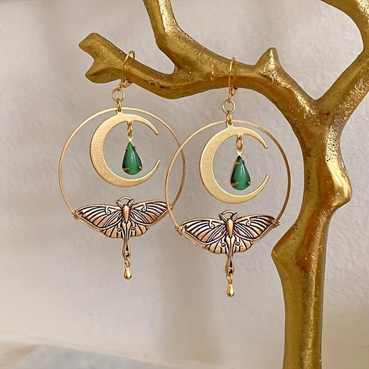 Hollow Circle With Moon Moth Decor Golden Dangle Earrings Retro Bohemian Style Alloy 18K Gold Plated Jewelry Trendy Female Gift