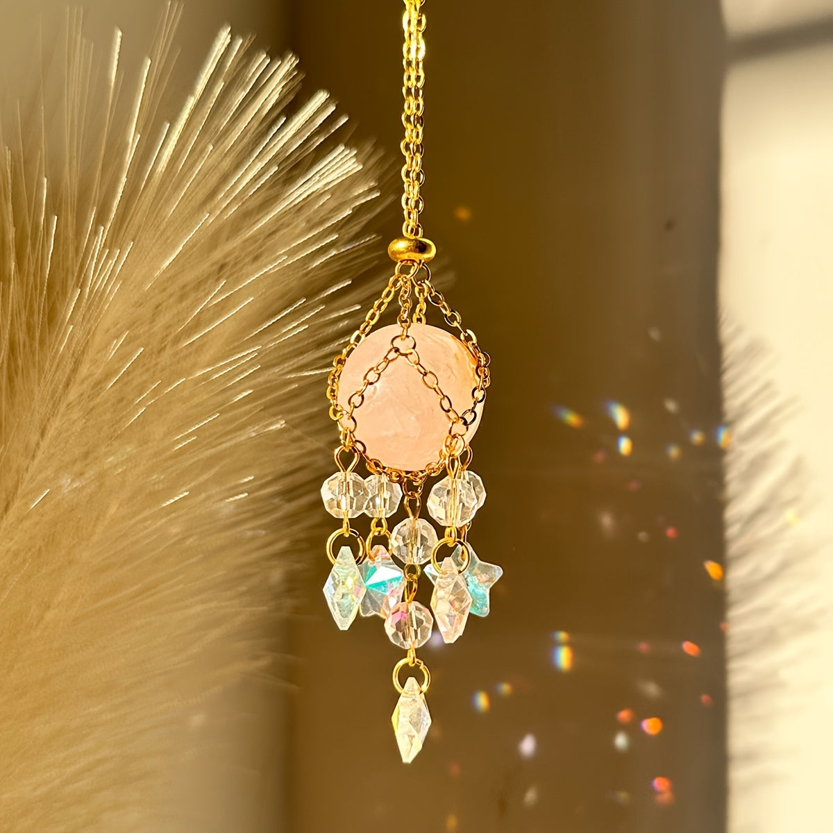 Golden Crystal Sun Catcher with Pink Bead & Faceted Pendant - Elegant Window, Garden, Home, or Car Hanging Decor for Weddings, Valentine's, Thanksgiving, Mother's Day Gifts