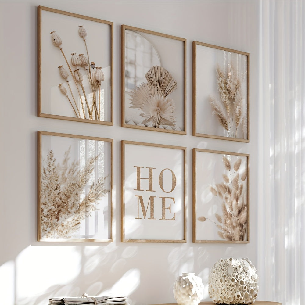 6/3pcs Beige Canvas Painting Panas Grass Poster Hay Wall Art Flames Leaf Wall Art Fan Leaf Print Plant Specimen Art Print Nordic Wall Poster Home Decor Frameless