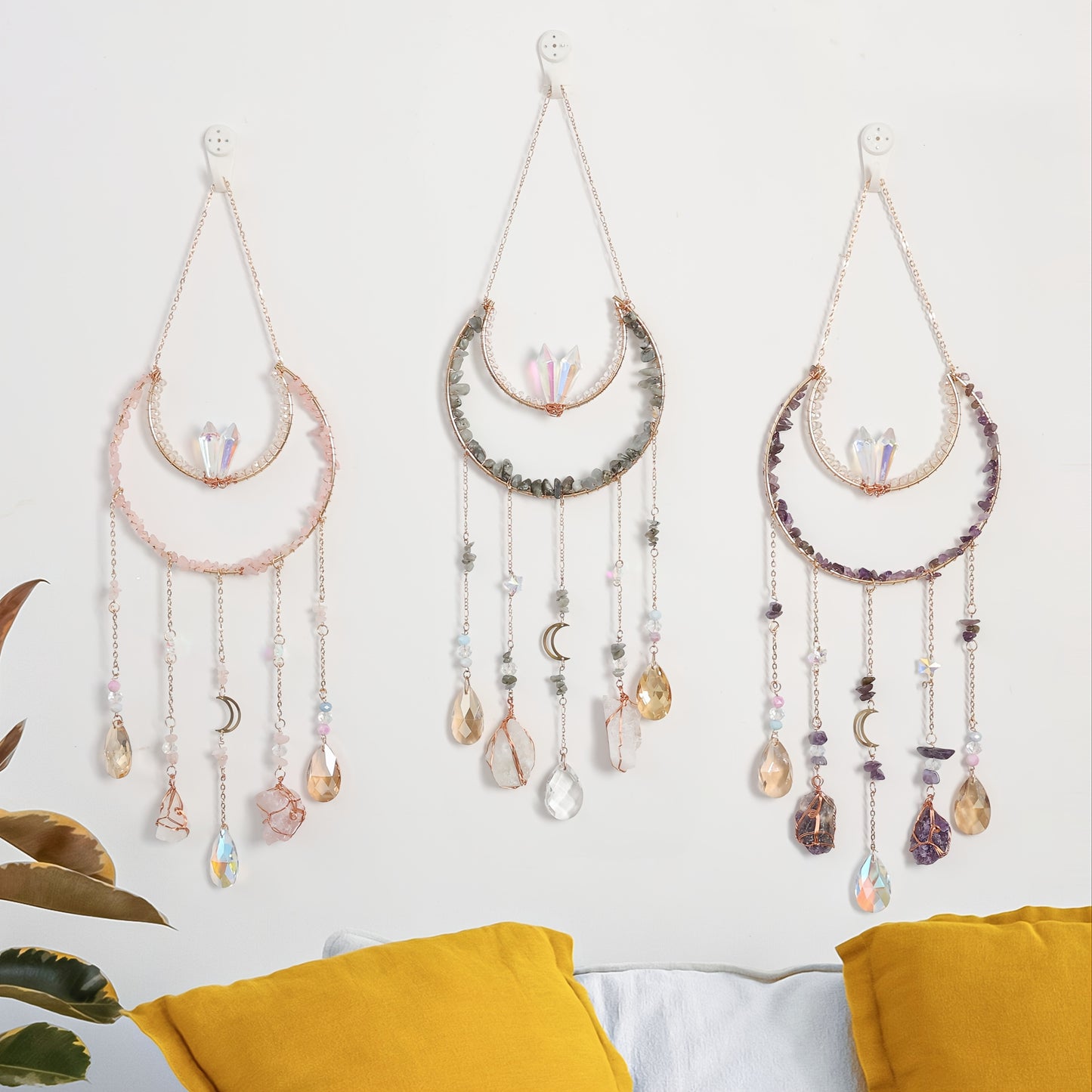 Bohemian Crystal Dream Catcher Sun Catcher Wall Hanging - Handmade Natural Crystal & Gemstone Wind Chimes with Rainbow Maker, Crescent Moon & Teardrop Pendants for Indoor/Outdoor Window Garden Decor, Christmas Wedding Birthda