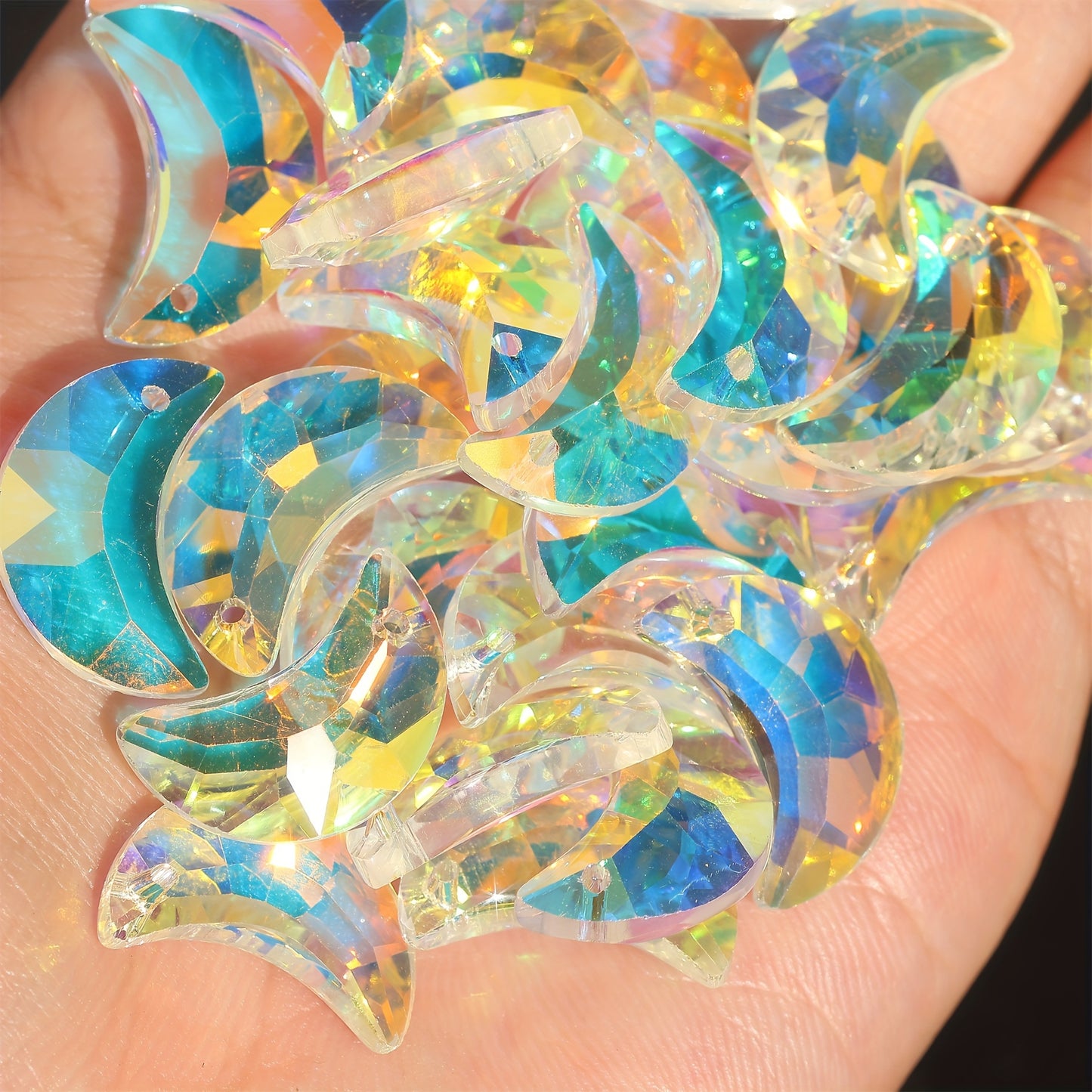 10pcs/50pcs ''Handmade''20mm Single Hole Moon Glass Crystal Beads, Colorful Prism Suncatcher Charm DIY Jewelry & Decoration Crafts