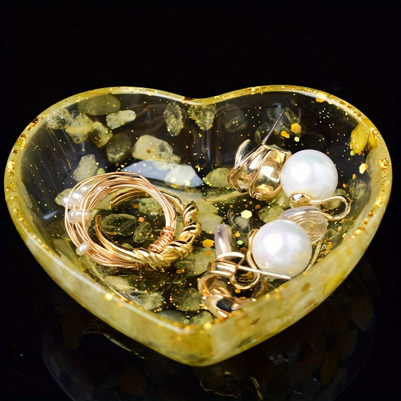 Chic Heart-Shaped Resin Jewelry Tray with Natural Gravel & Crystal Accents - Perfect for Earrings, Rings, and Home Decor - Ideal Gift for Christmas, Valentine's, Mother's Day, Beauty Table, Anti-magnetic