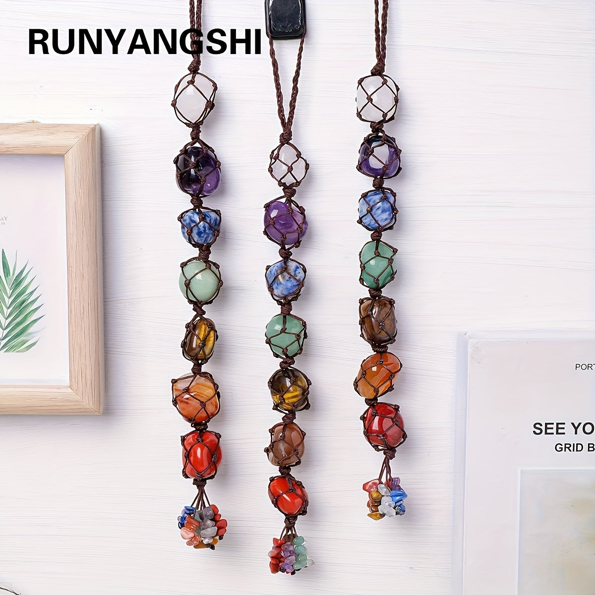 1pc Natural Crystal Chakra Tumbled Stone Pendant Car Hanger Polished Crystal Home Feng Shui Hanging Jewelry New Year Valentine'S Day Father'S Day Holiday Gift