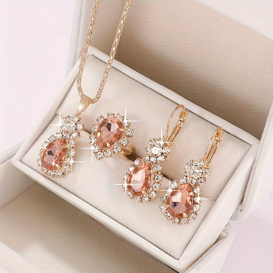 Elegant 4pcs Women's Fashion Teardrop Jewelry Set, Necklace & Earrings, Crystal Embellished, Rose Golden/Ruby Color Options, Gift Box Included For Special Occasions