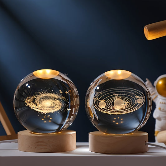 3D Laser Engraved Crystal Ball LED Table Lamp, Saturn Galaxy Solar System Design, Modern Space-Themed Wood Base Night Light, USB Powered Desk Ornament for Home Office - Ideal for Various Room Types, Gift for Special Occasions