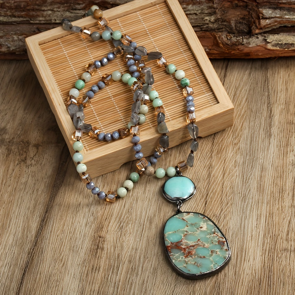 Spring Series Bohemian Vintage Style Natural Stone Crystal Glass Knot Pendant Necklace Square Natural Stone Pendant Women's Sweater Chain Necklace