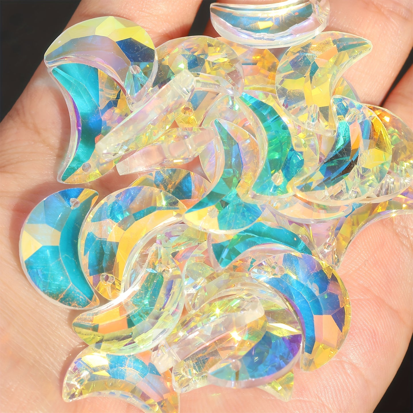 10pcs/50pcs ''Handmade''20mm Single Hole Moon Glass Crystal Beads, Colorful Prism Suncatcher Charm DIY Jewelry & Decoration Crafts