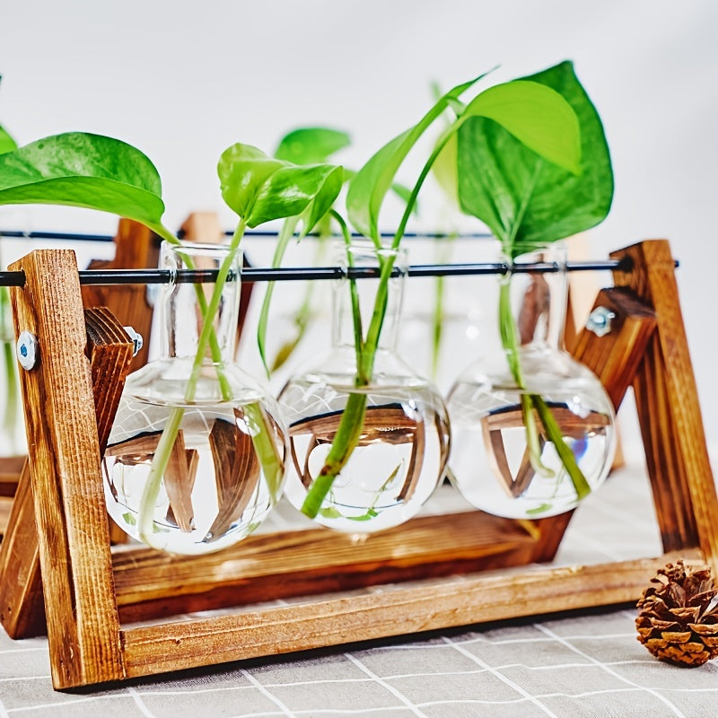 1pc Clear Glass Tabletop Planter Propagation Station in Wooden Rack Terrarium for Plants, Hydroponic Plant Vases for Office Home Decor Room Decoration