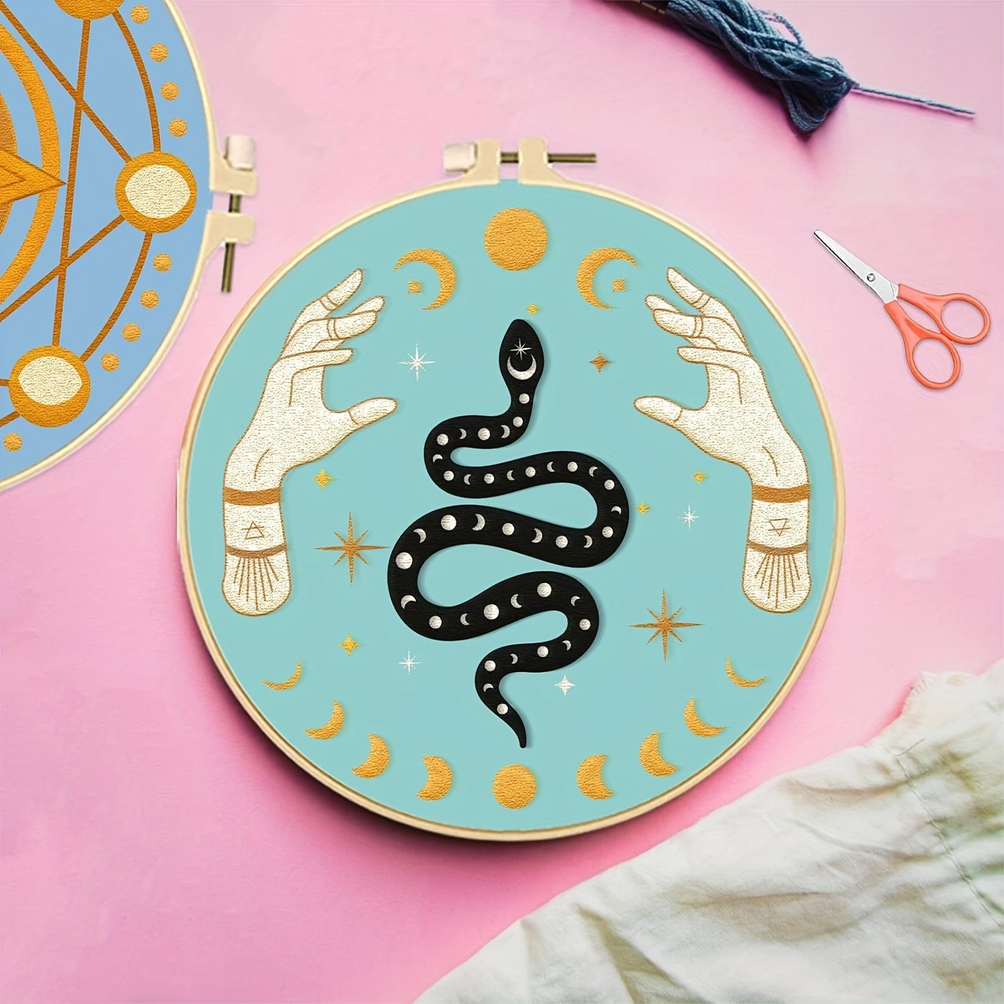 4pcs Mysterious Tarot Divination Themed Embroidery DIY Kit - Embroidery Art Set Featuring Star And Crystal Ball Patterns - Includes 4 Printed Embroidery Fabrics, Ample Embroidery Threads, 1 Embroidery Hoop, Embroidery Tools (