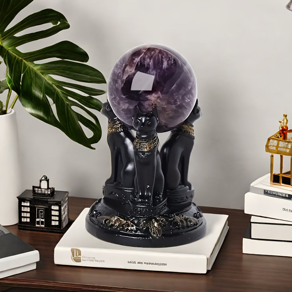 Egyptian Goddess Bastet Cat Statue with Crystal Ball Stand - Collectible Resin Figurine for Living Room, Indoor Use, No Electricity Required, Home Decor Desk Ornament, Gift for Cat Lovers (Ball Not Included)