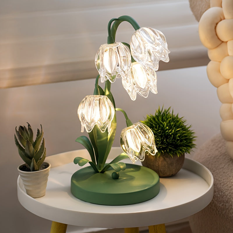 Elegant Crystal Orchid Table Lamp – Art Deco Glass Flower Design with Frosted Metal Finish, USB-Powered Ambient Light for Bedroom, Living Room, or Study Decor, Table Lamp for Bedroom
