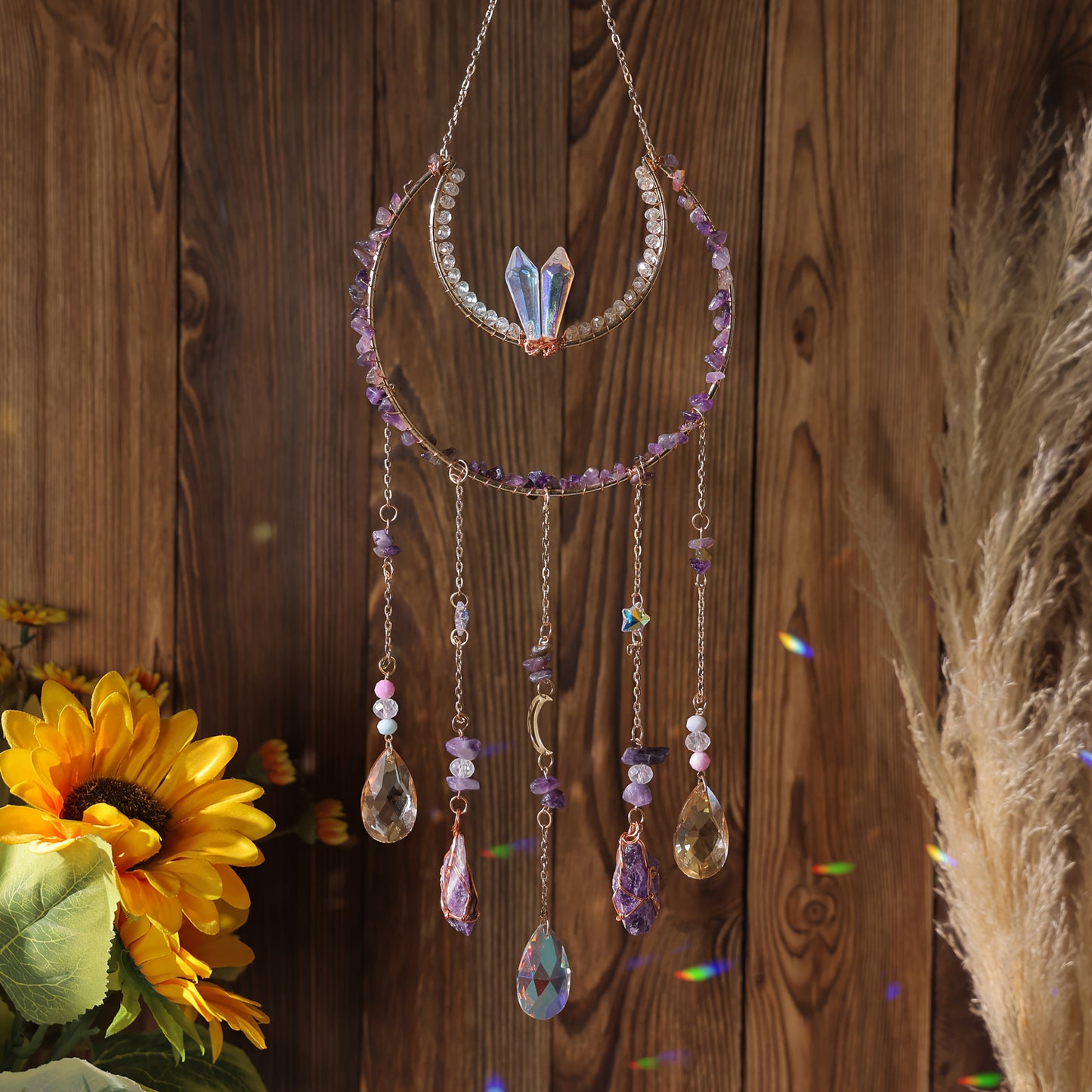 Bohemian Crystal Dream Catcher Sun Catcher Wall Hanging - Handmade Natural Crystal & Gemstone Wind Chimes with Rainbow Maker, Crescent Moon & Teardrop Pendants for Indoor/Outdoor Window Garden Decor, Christmas Wedding Birthda