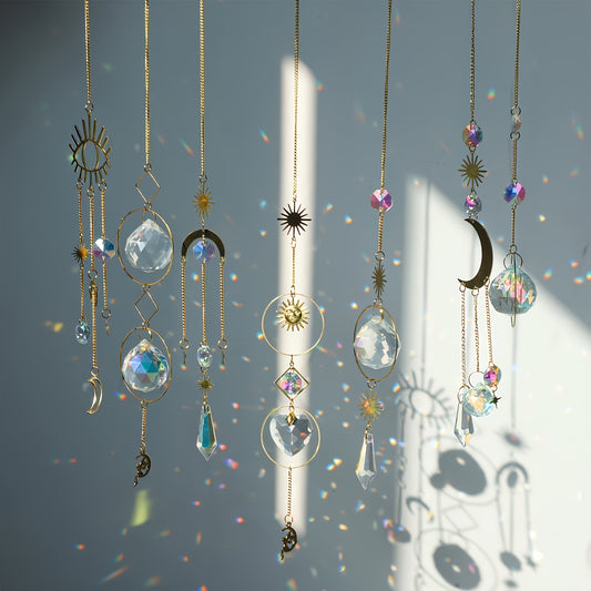 7pcs Crystal Hanging Sun Catcher, Golden Moon Star Sun Catcher With Chain, Colorful Crystal Glass Ball Pendant Ornament For Window Bedroom Car Home Garden Office, Party Wedding Decoration