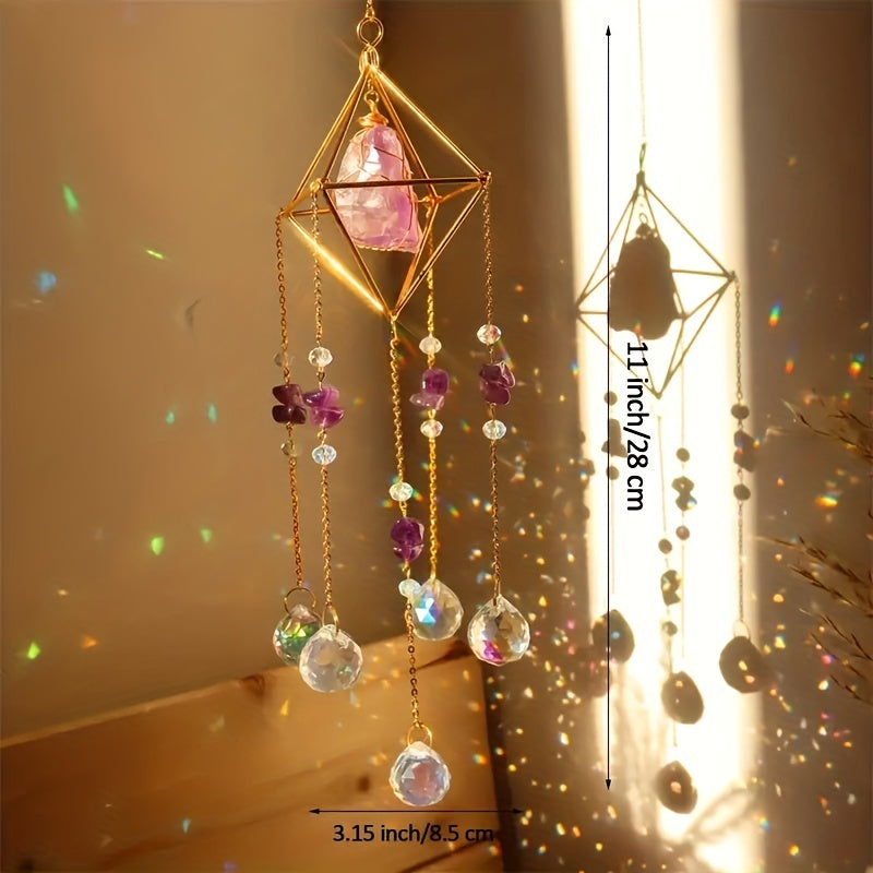 1pc Elegant Metal Sun Catcher with Natural Raw Stones, Crystal Prism Rainbow Maker Pendant for Wedding Decor, Indoor Window Room Garden Yard Ornament