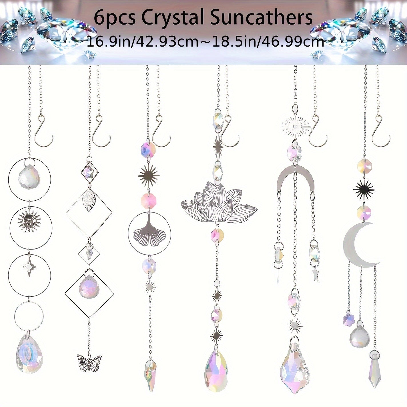 6pcs Beautiful Crystal Prism Sun Catcher - With Sun, Star, Moon, Lotus, Leaf Window Ornament and Chain - Garden Rainbow Maker Hanging Wind Chimes for Wedding, Party, Brass Div Jewelry