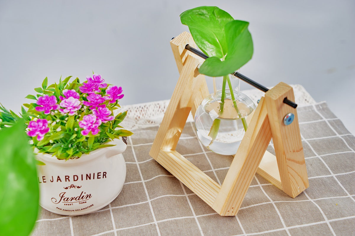 1pc Clear Glass Tabletop Planter Propagation Station in Wooden Rack Terrarium for Plants, Hydroponic Plant Vases for Office Home Decor Room Decoration