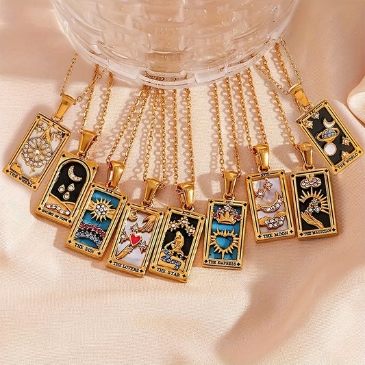 1pc Vintage Tarot Necklace with Sun Moon Heart World Card Pendants - Golden-Tone -Coated Astrology Symbols, Elegant Celestial Jewelry for Women, Casual Attire & Gift Idea, Zodiac Jewelry, Intricate Detailing, Bead Chain