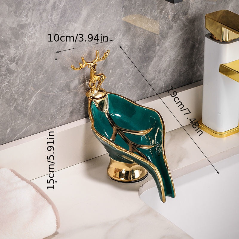 1pc Leaf Shaped Soap Box With Deer Decoration, Self-draining Soap Dish, Soap Holder For Bathroom & Kitchen, Home Decor, Bathroom Essential