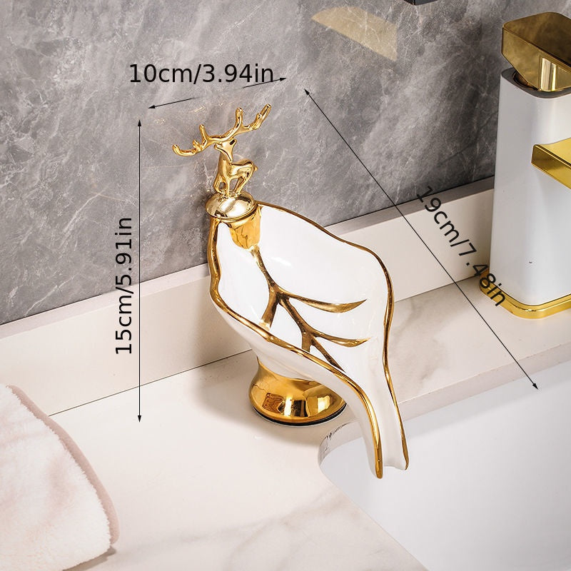 1pc Leaf Shaped Soap Box With Deer Decoration, Self-draining Soap Dish, Soap Holder For Bathroom & Kitchen, Home Decor, Bathroom Essential
