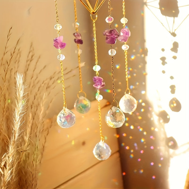 1pc Elegant Metal Sun Catcher with Natural Raw Stones, Crystal Prism Rainbow Maker Pendant for Wedding Decor, Indoor Window Room Garden Yard Ornament