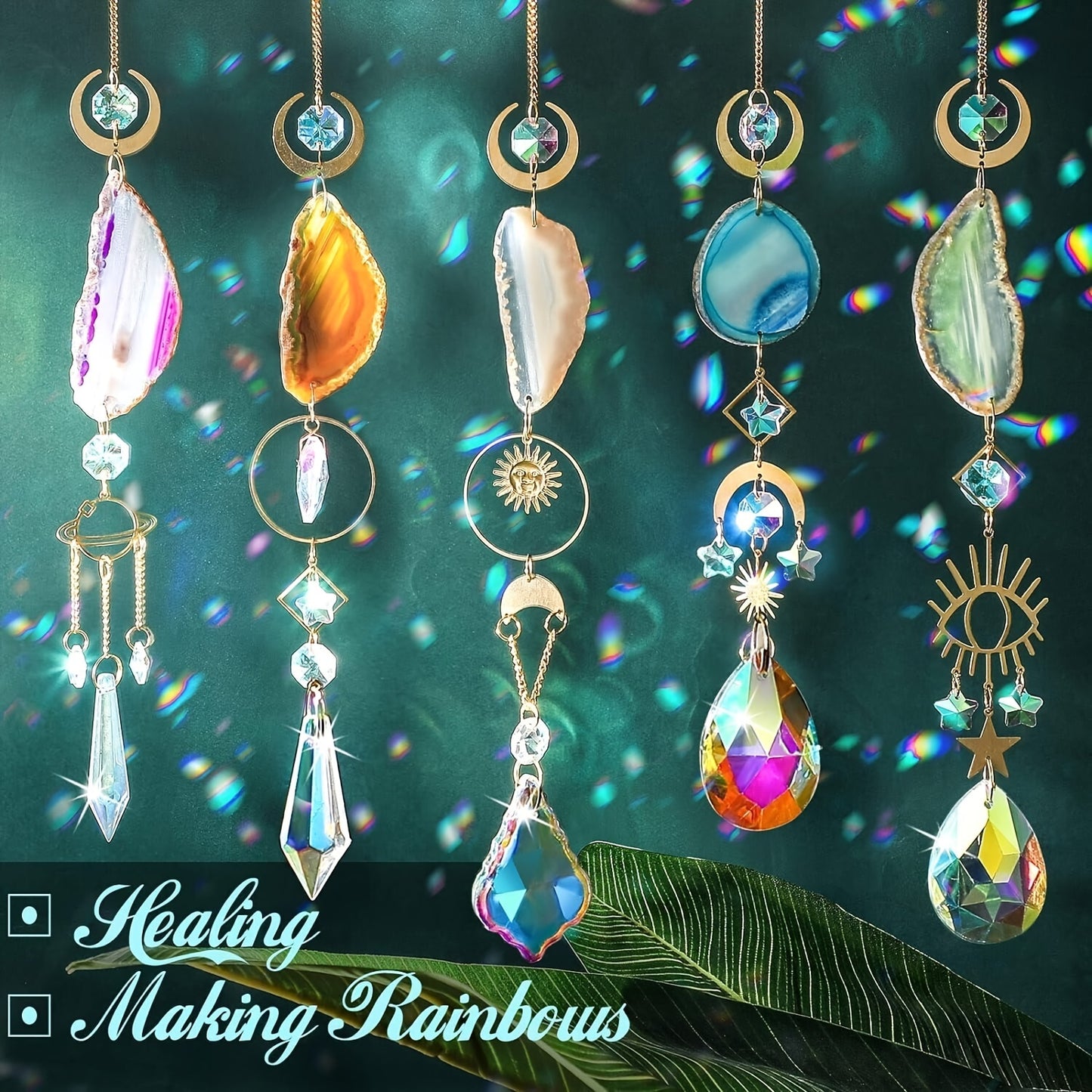 6pcs Crystal Suncatcher, Sun Catcher for Indoor Window Hanging with Crystal, Prism and Agate Slices, Light Catcher for Indoor and Outdoor Home Garden Wedding Decoration
