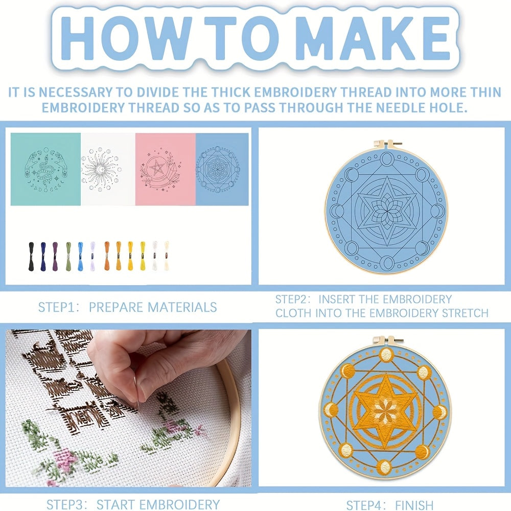 4pcs Mysterious Tarot Divination Themed Embroidery DIY Kit - Embroidery Art Set Featuring Star And Crystal Ball Patterns - Includes 4 Printed Embroidery Fabrics, Ample Embroidery Threads, 1 Embroidery Hoop, Embroidery Tools (