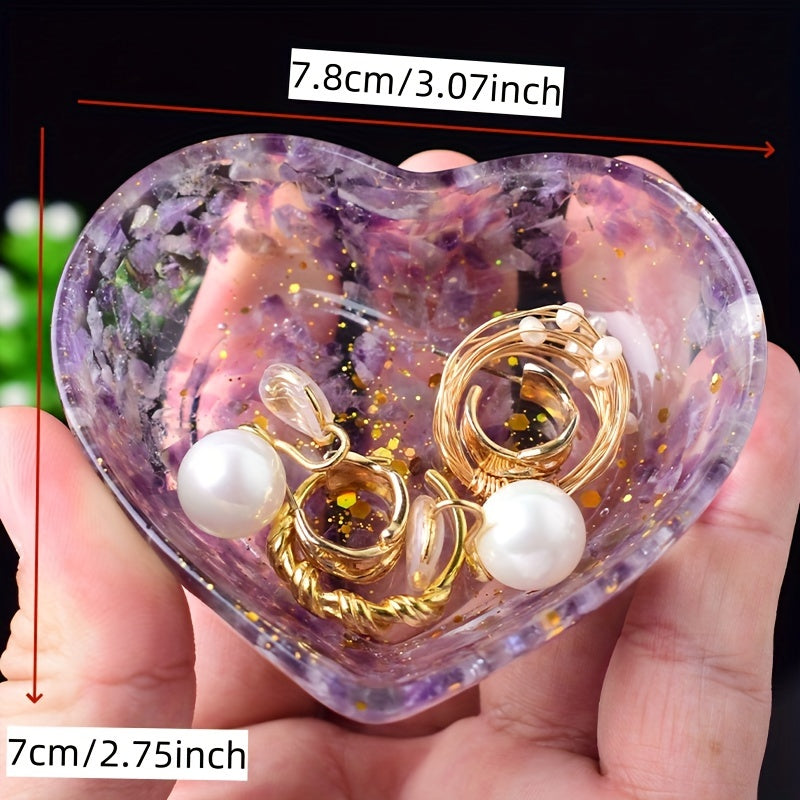 Chic Heart-Shaped Resin Jewelry Tray with Natural Gravel & Crystal Accents - Perfect for Earrings, Rings, and Home Decor - Ideal Gift for Christmas, Valentine's, Mother's Day, Beauty Table, Anti-magnetic