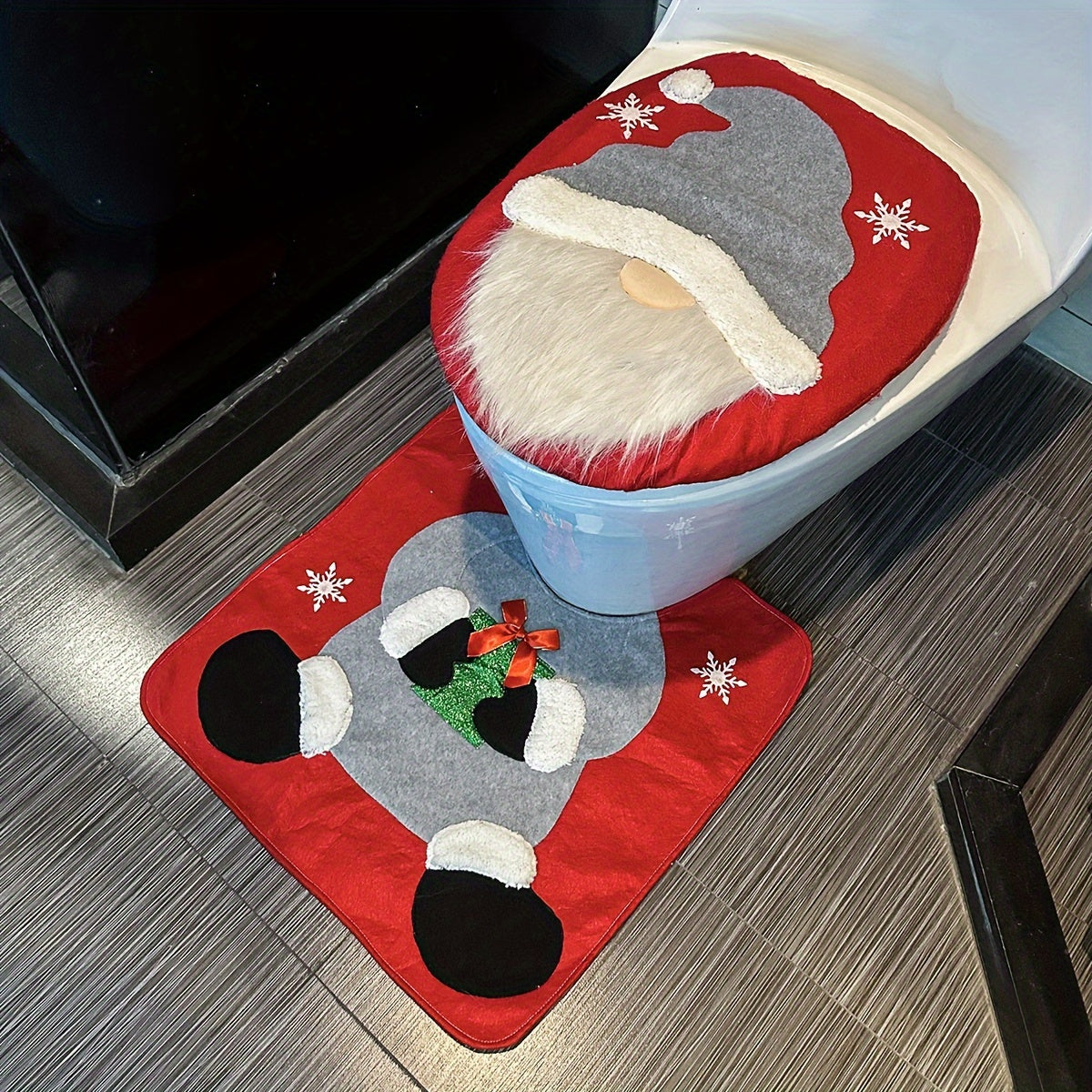 Festive Santa and Snowman Toilet Seat Cover and Rug Set - Seasonal Bathroom Decor - Christmas Gift Idea - Suitable for Holiday Home Accessories