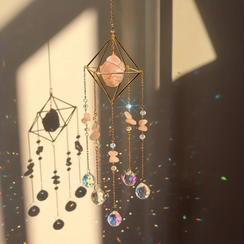 1pc Elegant Metal Sun Catcher with Natural Raw Stones, Crystal Prism Rainbow Maker Pendant for Wedding Decor, Indoor Window Room Garden Yard Ornament