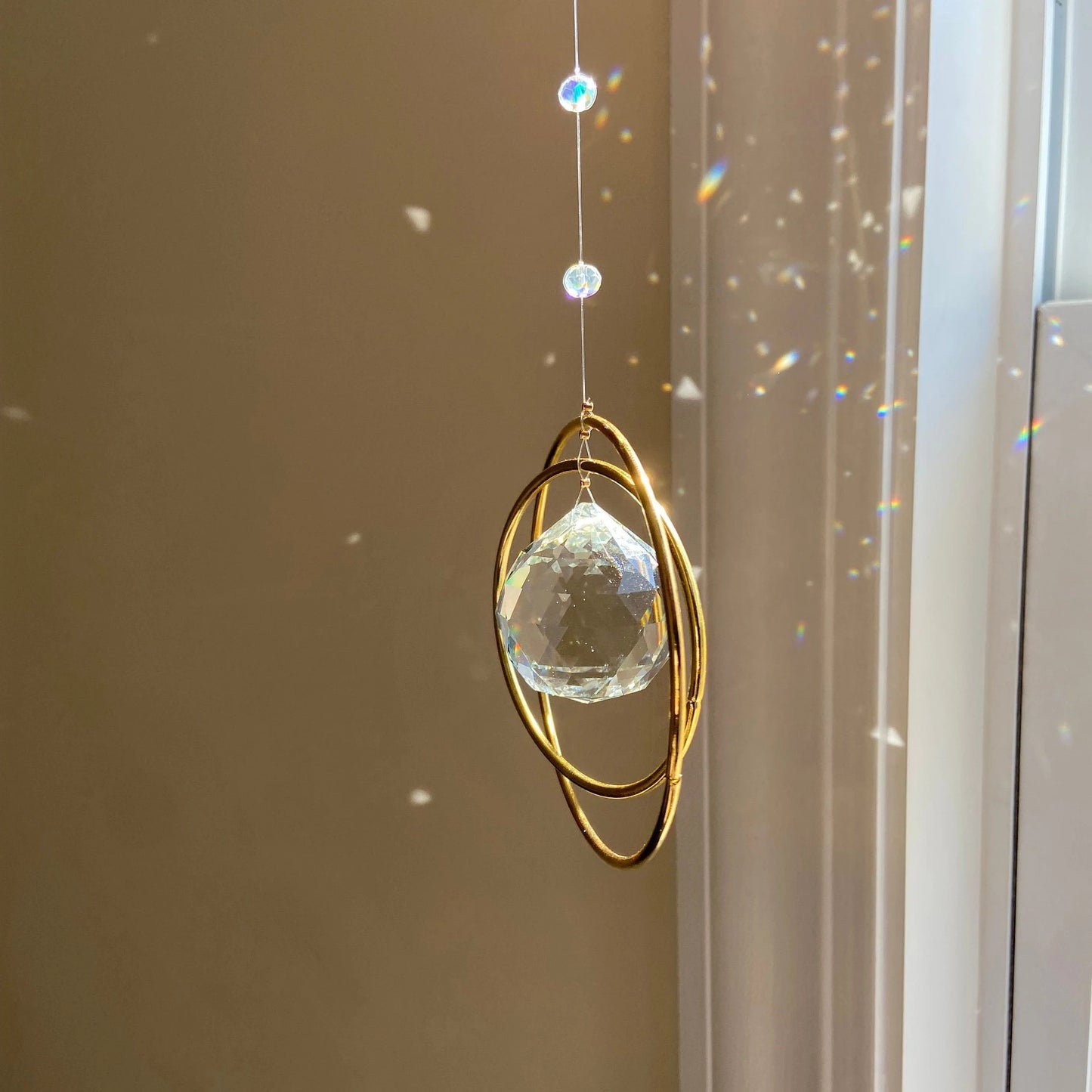 1pc Sparkling Crystal Rainbow Sun Catcher - Elegant Glass Prism Window Hanging Decor with Golden Frame & Blue Beads, Perfect Gift for Loved Ones, Ideal for Valentine's, Thanksgiving & New Year, Rainbow Room Decor
