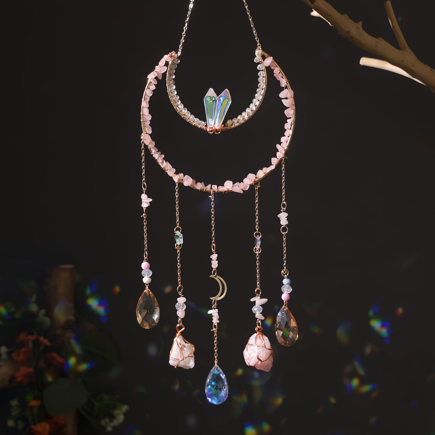 Bohemian Crystal Dream Catcher Sun Catcher Wall Hanging - Handmade Natural Crystal & Gemstone Wind Chimes with Rainbow Maker, Crescent Moon & Teardrop Pendants for Indoor/Outdoor Window Garden Decor, Christmas Wedding Birthda