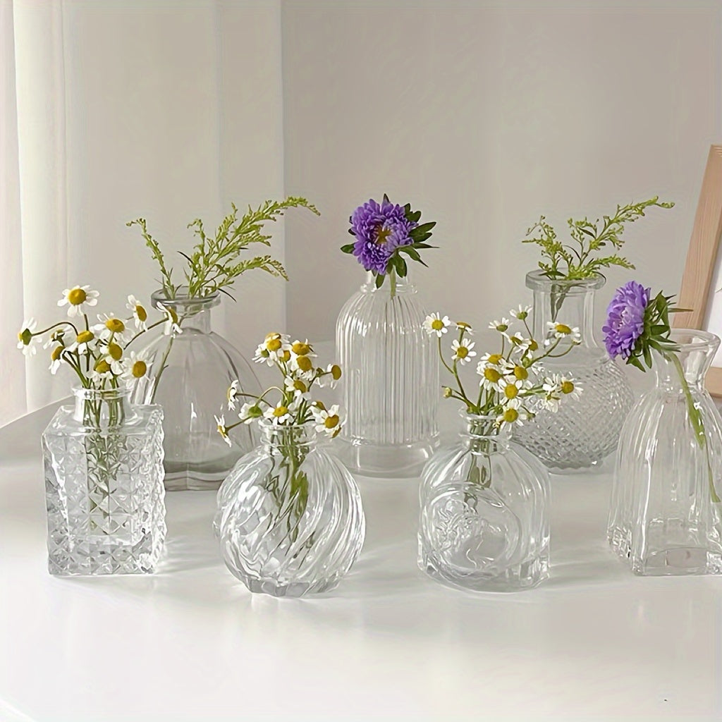 7pcs Glass Vase Set, Retro Transparent Glass Bud Vase, Crystal Mini Flower Decorative Vase, Antique Decorative Small Opening Short Vase, Multi-Countryside Aesthetic Wedding Table Center
